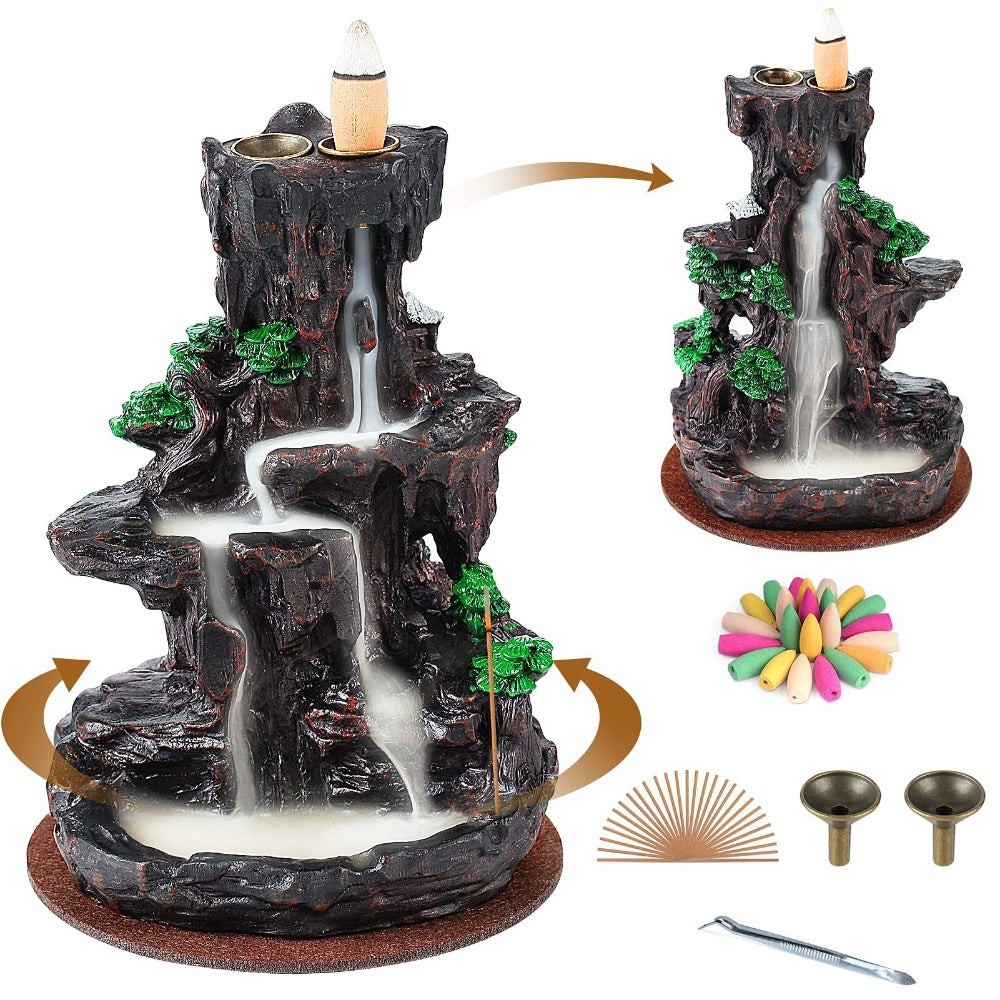 Backflow Incense Burner Waterfall Smoke Effect 2-Side Incense Holder with 120 Backflow Cones 30 Incense Sticks Aromatherapy Ornament for Home Decor Meditation Yoga Relaxation Stress Relief