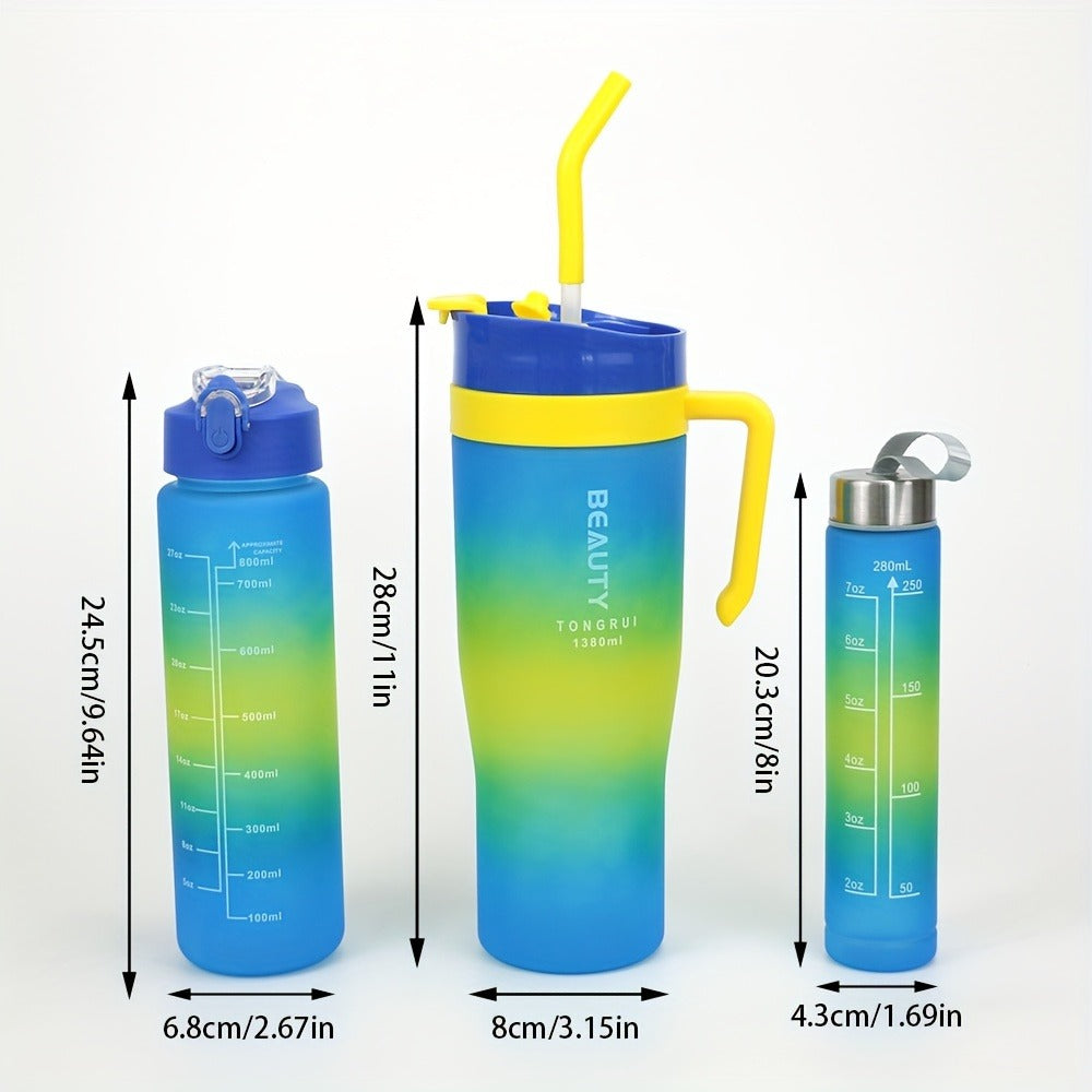 Tumbler Set 3pcs Gradient Color Frosted Plastic Water Cup with Straw Double Drinking Large Capacity Car Handle Cup 10oz 27oz 40oz 300ml 800ml 1200ml for Travel Gym Car Office Black and White
