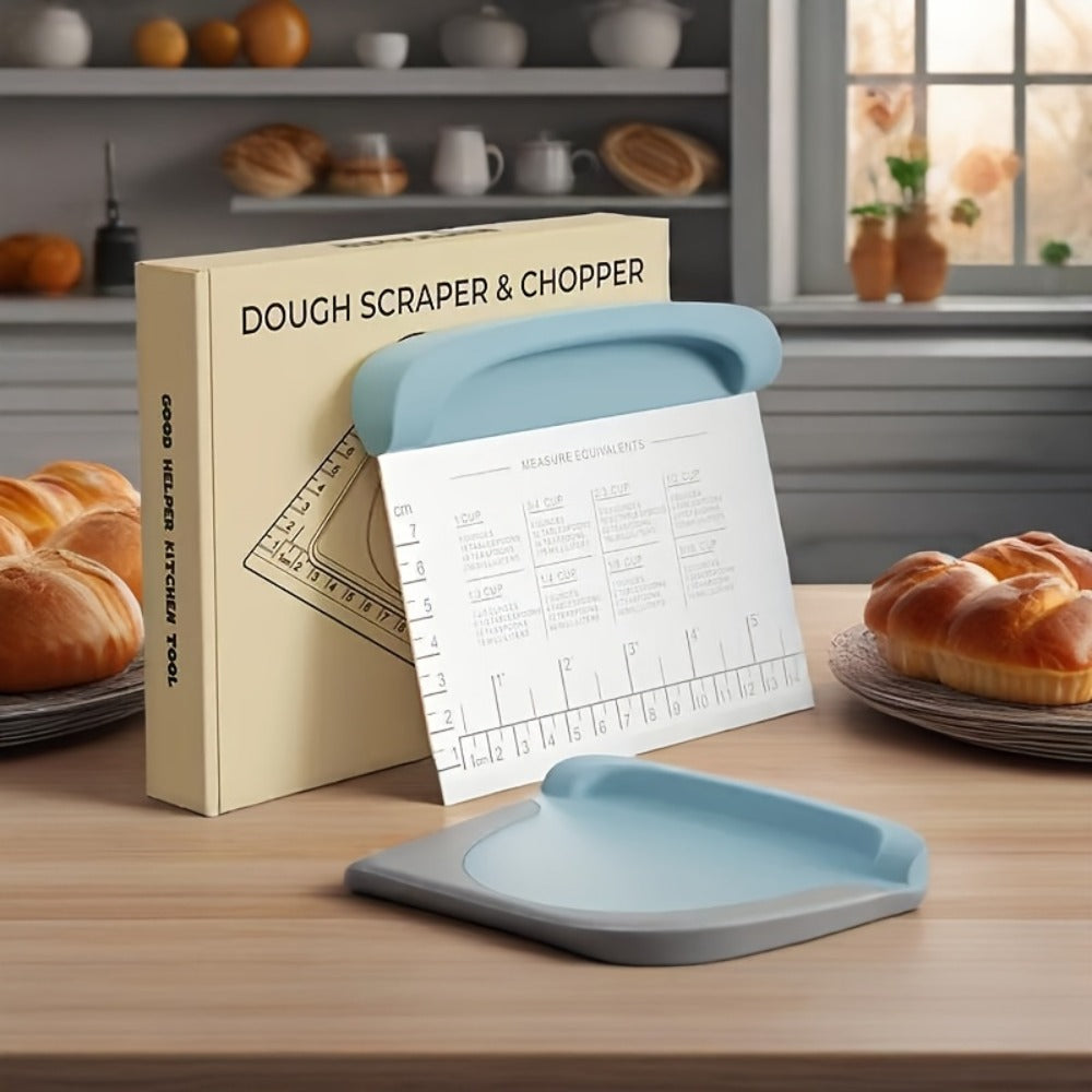 Dough Scraper Bench Scraper - Stainless Steel Dough Cutter with Silicone Handle & Measuring Scale, Multipurpose Pastry Scraper Pizza Spatula Baking Tool, Kitchen Gadget Gift, Blue Grey