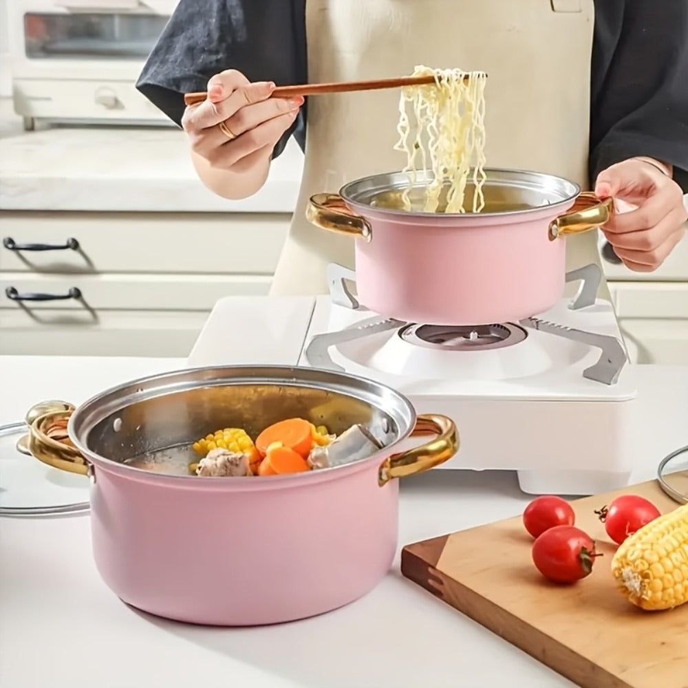 304 Stainless Steel Cookware Set with Golden Handles, 1/10/15pcs Deep Thick Soup Pot & Pan Set for Induction & Gas Stoves, Outdoor Camping & Kitchen Cooking, Pink, Silver & Orange