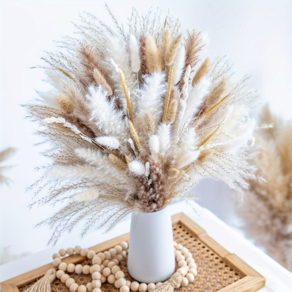 Pampas Grass Decor 120pcs Natural Dried Floral Arrangement Boho Bouquet for Wedding Centerpiece Table Decor Rustic Home Decor Vase Filler Aesthetic Room Decor Bohemian Style