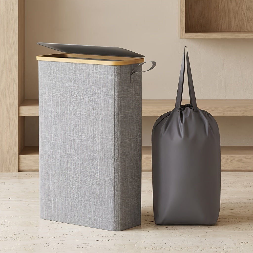 Slim Laundry Hamper with Lid & Removable Bag ¨C Foldable Narrow Clothes Basket with Bamboo Handles for Bathroom, Bedroom & Dorm ¨C 50L / 65L / 75L Space-Saving Collapsible Laundry Bin