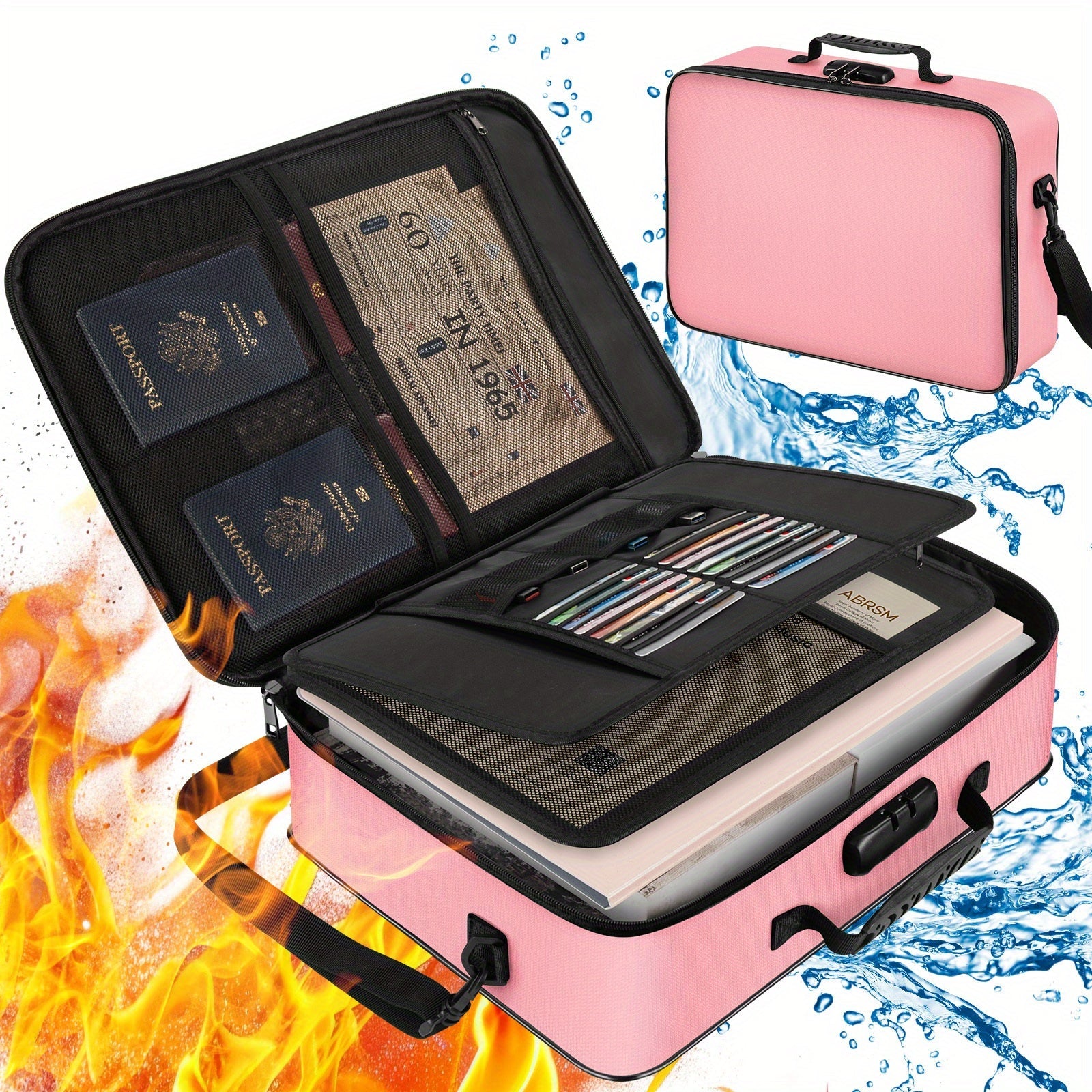 Fireproof Document Bag with Combination Lock - 17x11.8x5 Inch Waterproof File Organizer, 2000¡ãF Fireproof, Multi-Layer Storage for Passport Cash Laptop, 3 Carry Methods, for Travel Home Office, Black/Pink/Blue