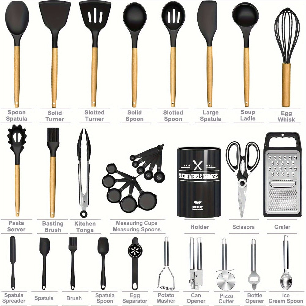 Silicone Kitchen Utensils Set 34-Piece with Holder ¨C Heat Resistant Cooking Spatula Tools for Nonstick Cookware | Wooden Handle Kitchen Gadgets | Father's Day & Housewarming Gift