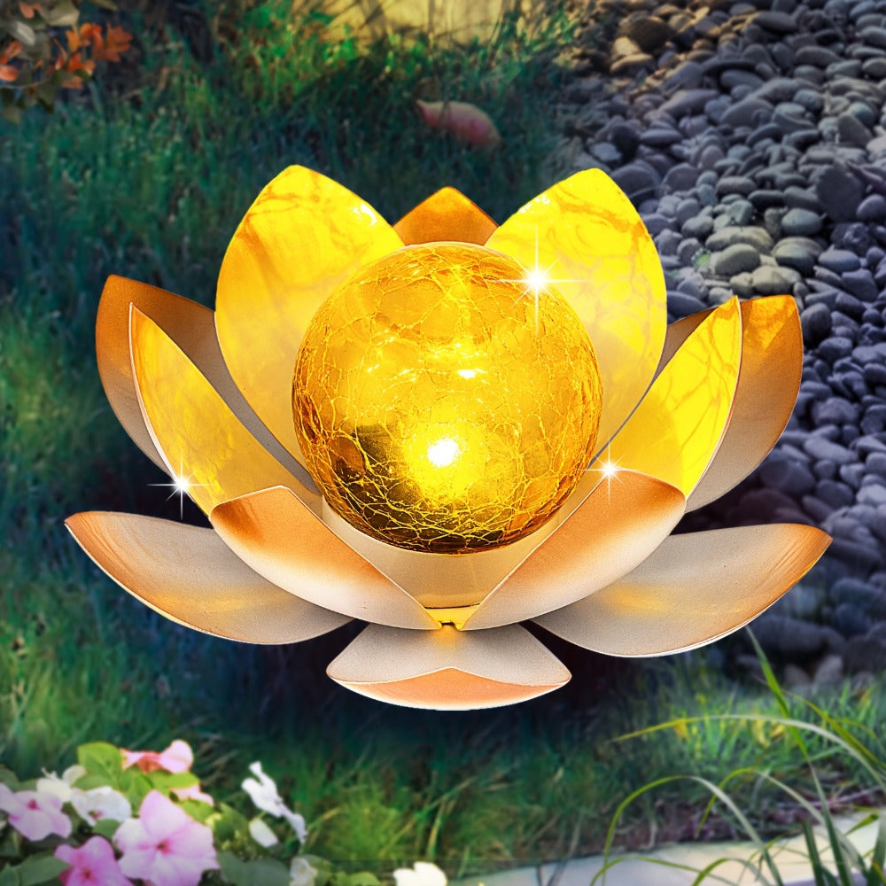 Solar Lotus Garden Lights 2-Pack ¨C Rustic Iron Outdoor Stake Light with Cracked Glass Globe, IPX4 Waterproof Solar Powered Yard Lawn Patio Pool Decor, Warm Glow Landscape Lighting Gift