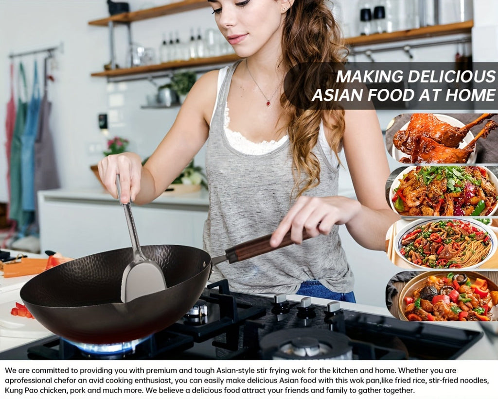 Carbon Steel Wok Pan 12.6 Inch with Lid & 10 Accessories ¨C Uncoated Chinese Stir Fry Wok, Flat Bottom for Electric Induction Gas Stoves, 11-Piece Cookware Set