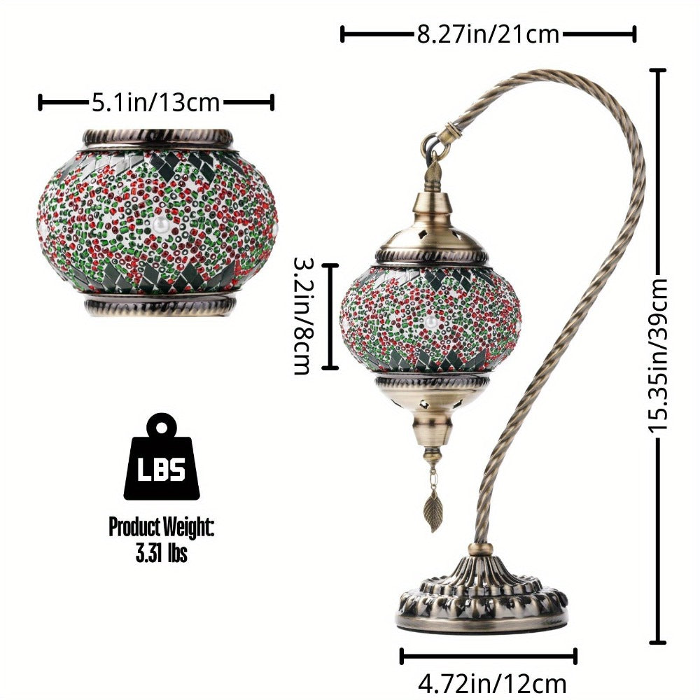 Mosaic Table Lamp Turkish Moroccan Style Handmade Swan Neck Glass Bedside Lamp 3 Color Modes LED Bulb Included Metal Base for Bedroom Living Room