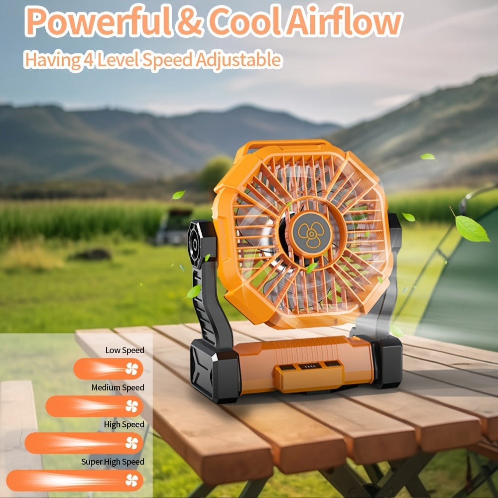 Portable Outdoor Fan 20000mAh, 3-in-1 Rechargeable Camping Fan with LED Lantern & Power Bank, Timer Rotation Hook for Tent Golf BBQ Travel Party Power Outage, Pink Green Black Orange Purple Blue