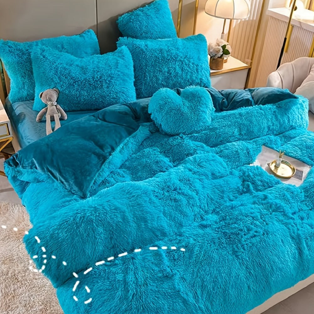Fluffy Bedding Set 4pcs Soft Warm Plush Duvet Cover with Pillowcases Queen King - Cozy Autumn Winter Comforter Set 8 Colors