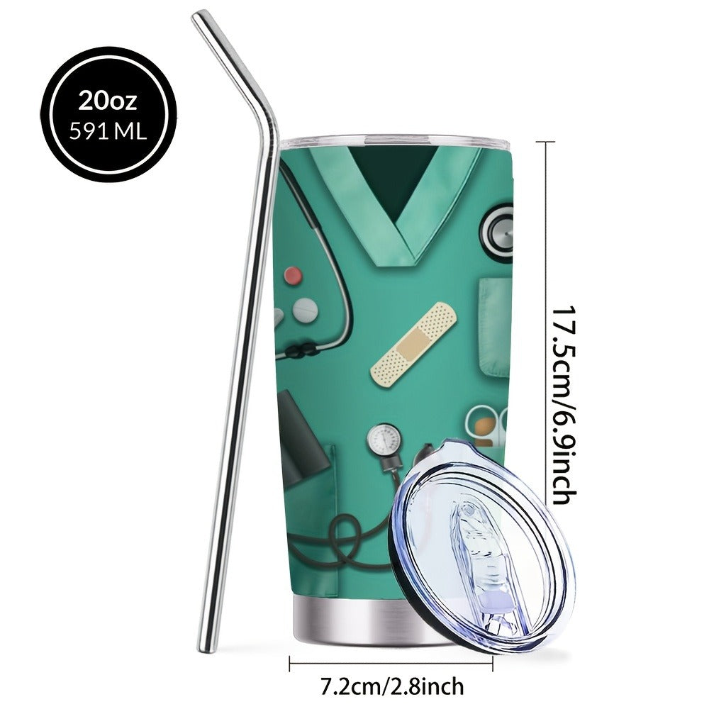 Nurse Tumbler 20oz Stainless Steel Insulated Cup with Lid and Straw - Medical Kit Design Travel Mug Nurse Gift Idea for Women Nurses Week Birthday | Rose Red Green Purple | Hot Cold Beverages