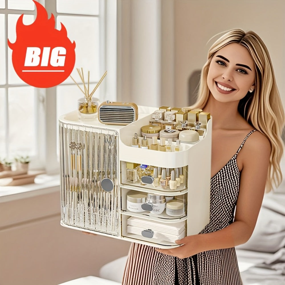 Makeup Organizer with 3 Drawers and Mirror - Large Capacity Cosmetic Storage Box Vanity Organizer for Skincare Contact Lens Display Case Bathroom Counter Organizer | Transparent Black Cream White