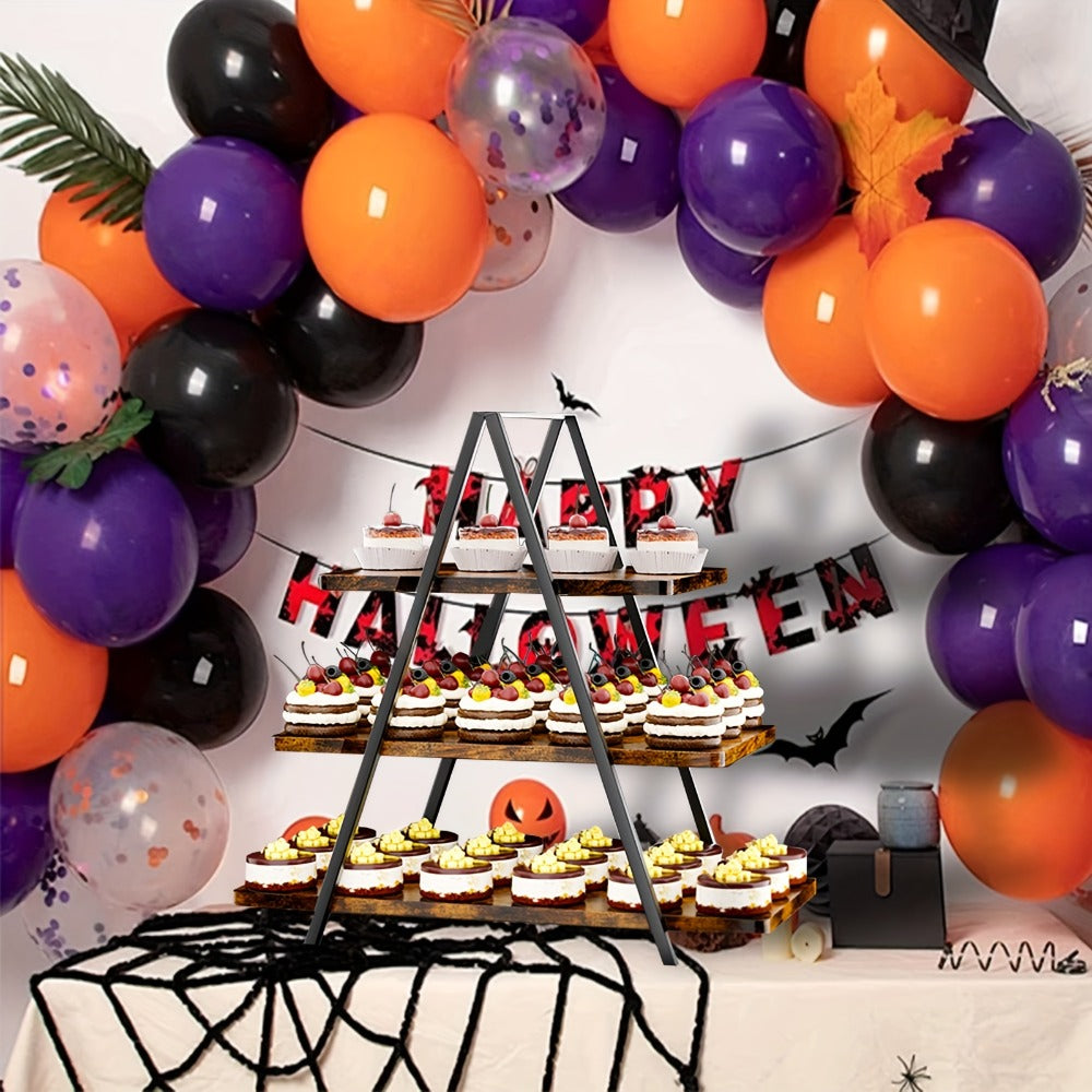 3-Tier Wooden Cupcake Stand ¨C Holds 50 Cupcakes, Dessert Display Rack for Wedding, Birthday Party & Halloween, Rustic Wood Cake Stand in Black, White & Brown