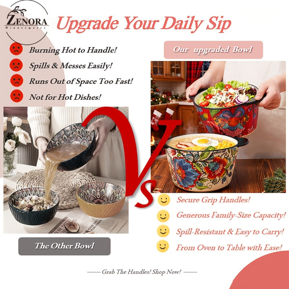 Giant Ceramic Extra-Deep Serving Bowl With Handles, 101oz, Bohemian Hand-Painted, Chip-Resistant, Microwave Dishwasher Oven Safe, Soup Salad Ice Cream Bowl, Family Kitchen Serving Set, Wedding Gift (2pcs)