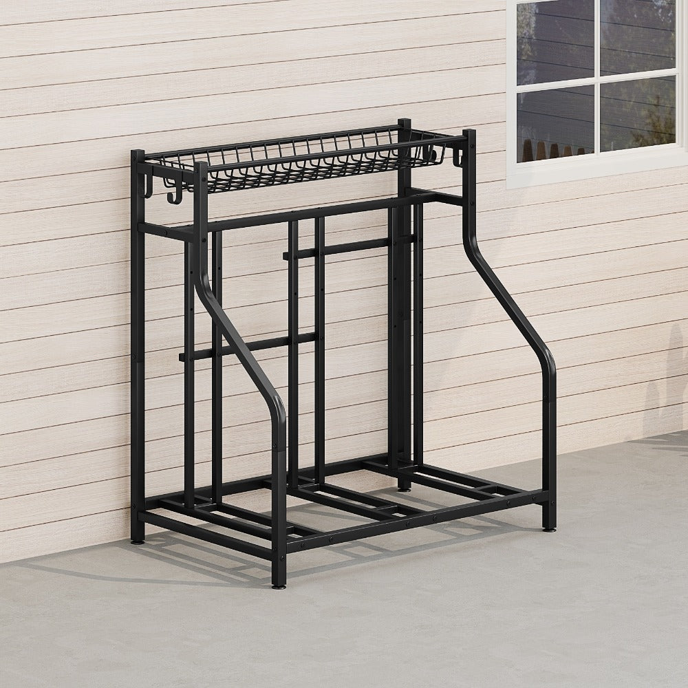 Freestanding Bike Storage Stand with Basket & Hooks ¨C Adjustable Floor Rack for 3-4 Bikes, Indoor Outdoor Garage Organizer