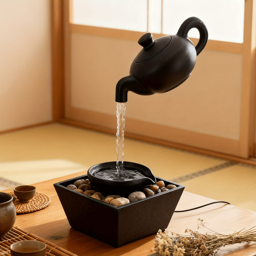 Tabletop Water Fountain with LED Light Zen Teapot Indoor Relaxation Fountain Black Resin Pebble Bed Soothing Water Flow Meditation Decor Home Office Desk Zen Garden Gift
