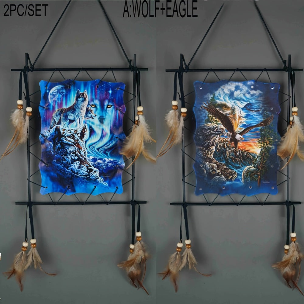 Wolf Eagle Dream Catcher Wall Art 2pcs Canvas Print Boho Native American Totem Hanging Decor with Feathers Wooden Beads Vintage Iron Frame for Living Room Bedroom Entryway TV Background