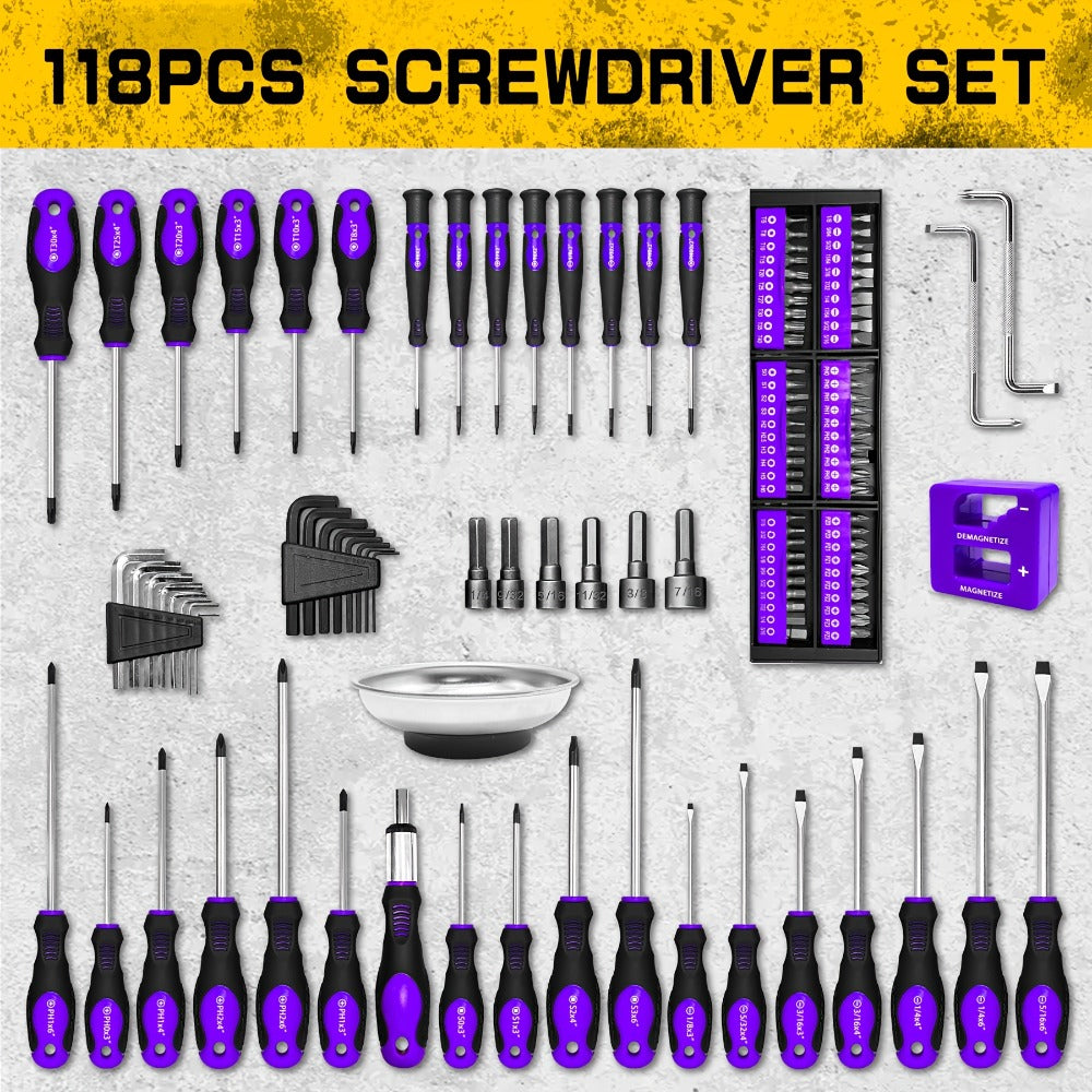 Magnetic Screwdriver Set 118pcs with Plastic Rack & Magnetic Tool Bowl, Chrome Vanadium Steel Multi-Size Precision Screwdriver Kit, Non-Slip Rubber Handle Tool Set for Electronics, DIY & Home Repair (Purple)