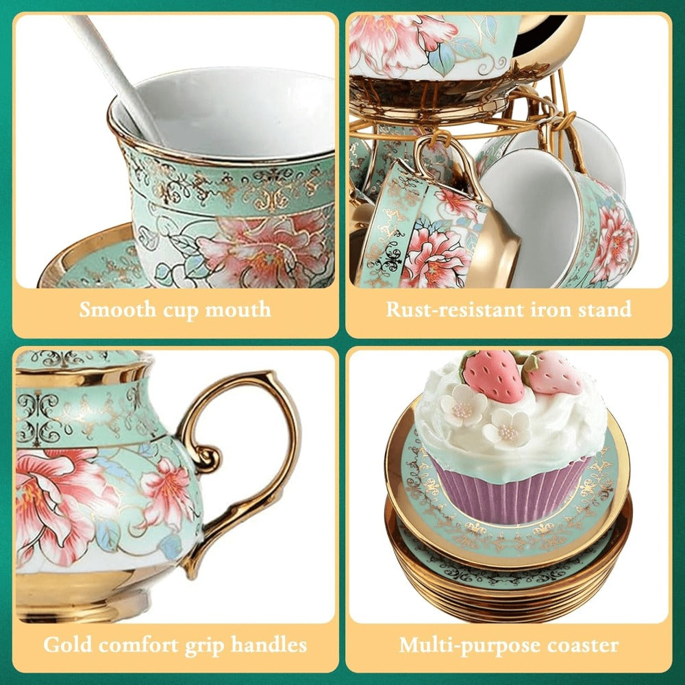 20-Piece Floral Ceramic Tea Set with Saucers & Metal Stand | European Afternoon Tea Service, Blooming Design, Complete Tea Accessories, Gift for Tea Lovers