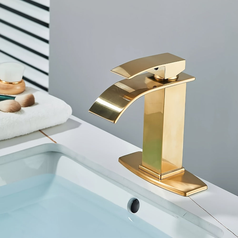 Waterfall Bathroom Sink Faucet, Single Hole or 3-Hole Mixer Tap with 6¡± Deck Plate, Ceramic Valve, Vanity Faucet for Farmhouse RV Bathroom, Brushed Gold Matte Black Nickel Chrome