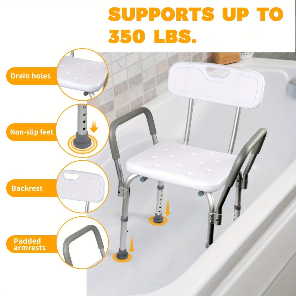 Shower Chair with Armrests & Backrest ¨C Height Adjustable Aluminum Bath Seat, 350 LBS Capacity, Non-Slip Rubber Feet, Cushioned Support for Elderly, Disabled & Post-Surgery, Fits Most Showers & Tubs