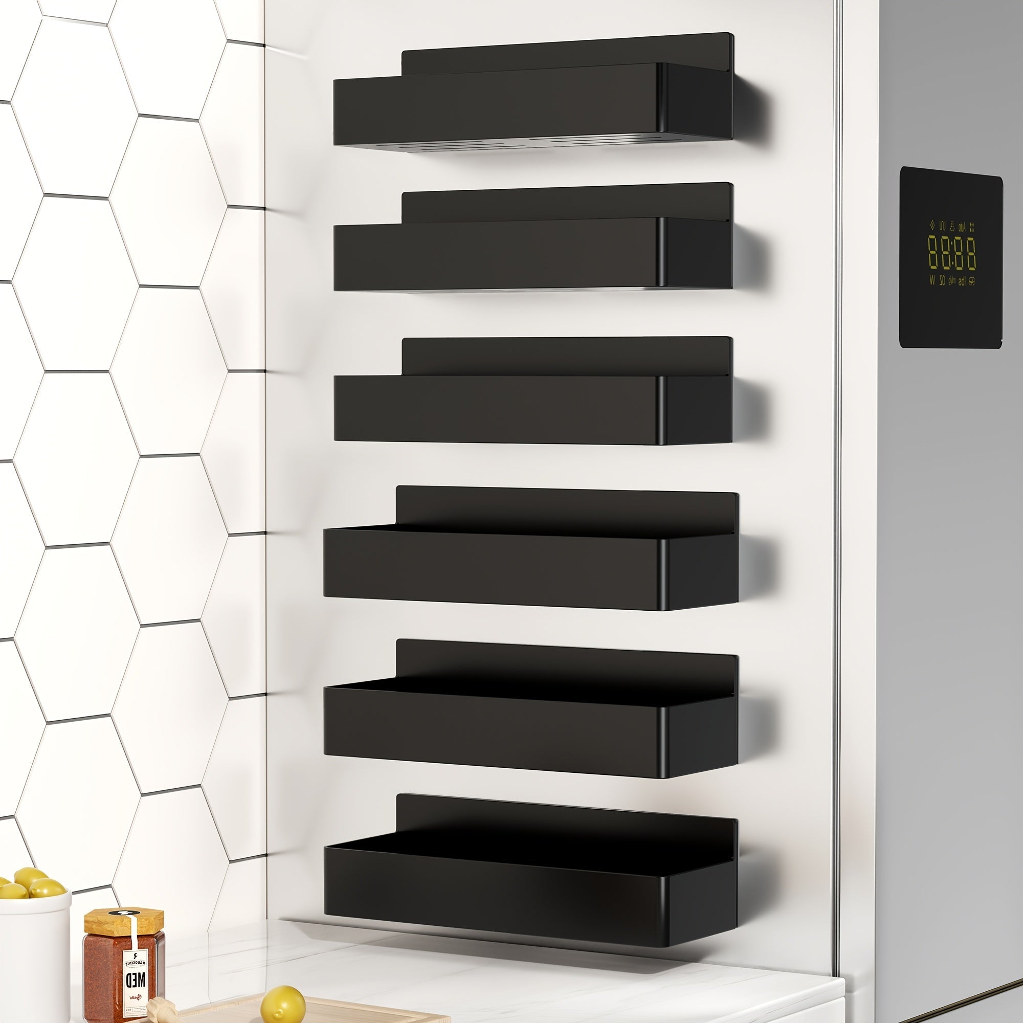 Magnetic Spice Rack Wall Mounted No Drill 6-Piece Set Heavy Duty Magnetic Storage Shelf for Refrigerator Microwave Washer Dishwasher - Kitchen Bathroom Coffee Bar Organizer Black White