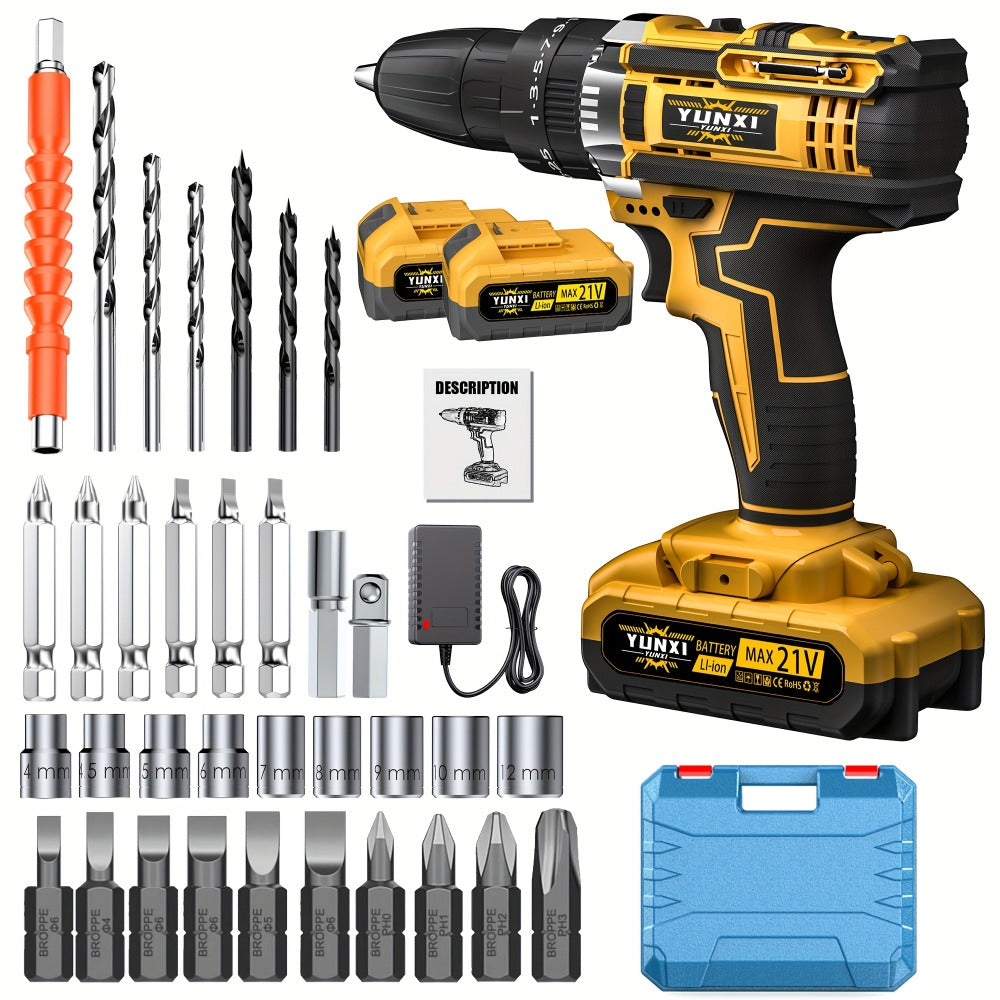 Cordless Impact Wrench 21V Brushless Electric Drill Set with 4000mAh Battery, Toolbox & Full Accessories, Wireless Power Drill for Automotive, Home & Industrial Use, Men's Gift