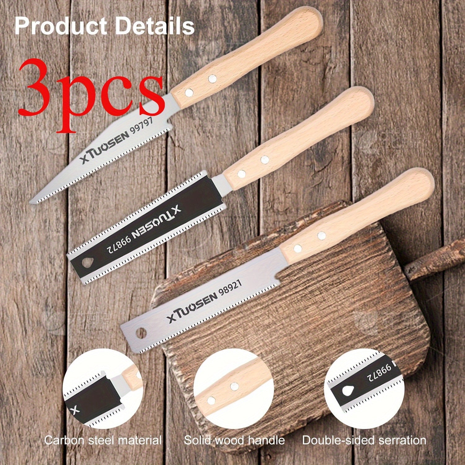 Japanese Pull Saw Set 3-Piece Double-Sided Hand Saw with Fine & Coarse Teeth Flush Cut Tenon Saw for Woodworking Trimming Hardwood Softwood Joinery Carpentry DIY Projects