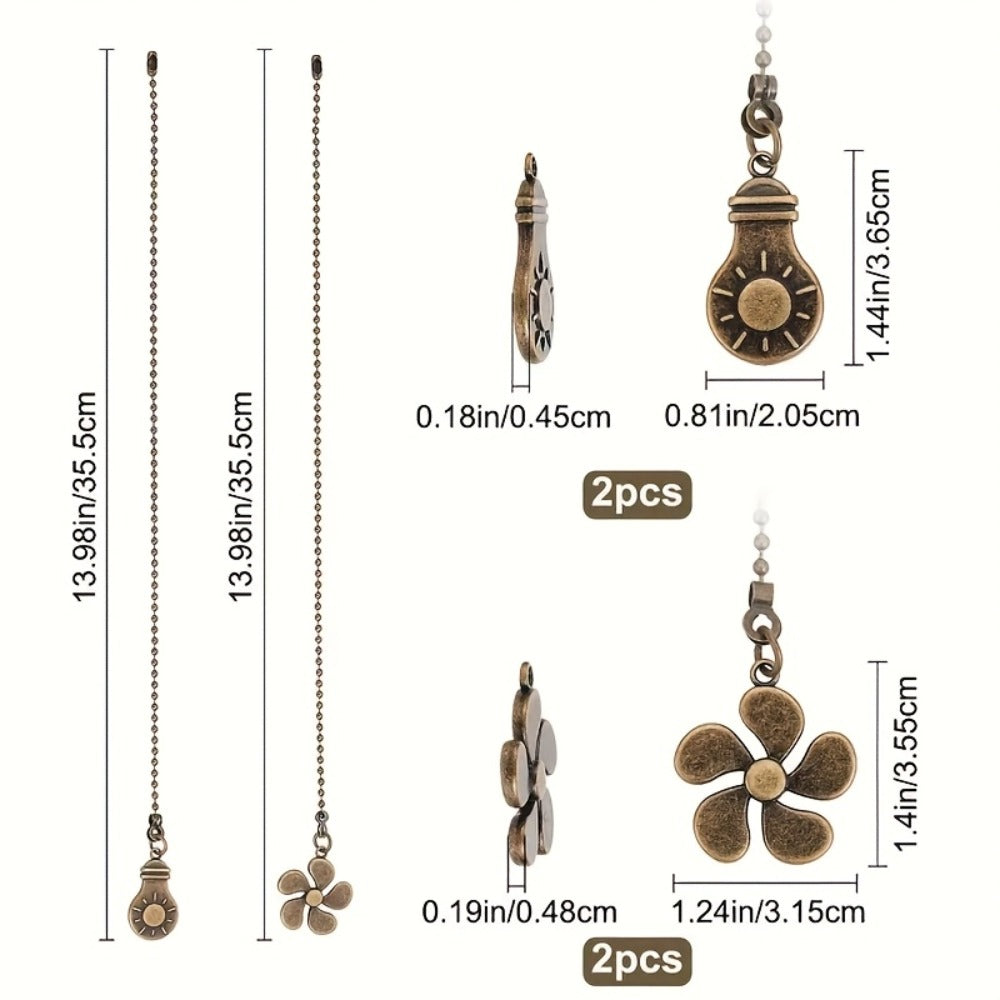 Ceiling Fan Pull Chain Extension Set of 8 - Decorative Bead Chain Pull Cord with Five-Leaf & Bulb Pendants, Iron Chain & Zinc Alloy, Bronze, Black, White, Red, Multi-Color, No Batteries Required