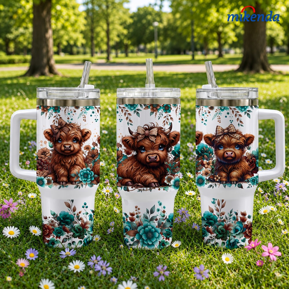 Highland Cow Insulated Tumbler Mug 40oz 16oz | Stainless Steel Vacuum Insulated | 24H Cold 12H Hot | Floral Teal Design | Gift