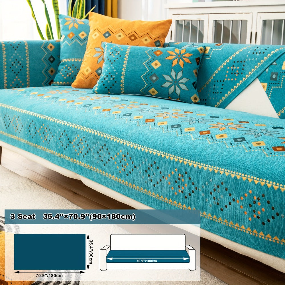 Bohemian Chenille Sofa Cover | Geometric Print Non-Slip Couch Slipcover, Thick Plush Boho Style, 1 to 4 Seat, Armrest & Backrest, Machine Washable, Sectional Sofa Protector