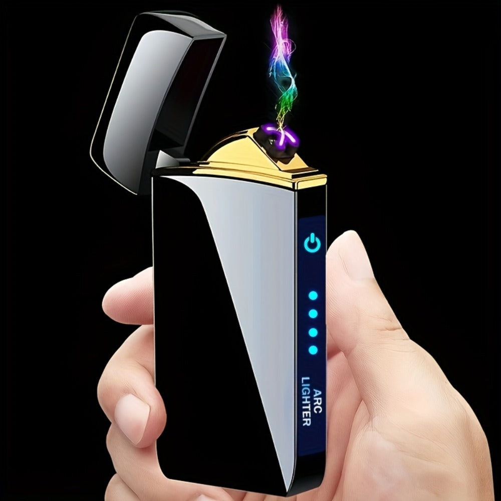 Electric Plasma Lighter USB Rechargeable ¨C Windproof Dual Arc, LED Power Display, Touch Induction | Compact Metal Design for Outdoor Camping, Hiking & Survival | 2 Colors & 6 Styles