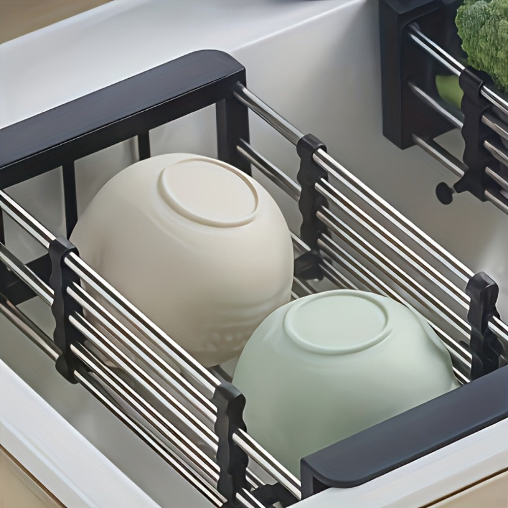 Dish Drying Rack Stainless Steel Adjustable ¨C Expandable Over Sink Dish Rack with Retractable Width & Height for Kitchen Countertop, Space-Saving 304 Stainless Steel Drainer, Easy to Clean