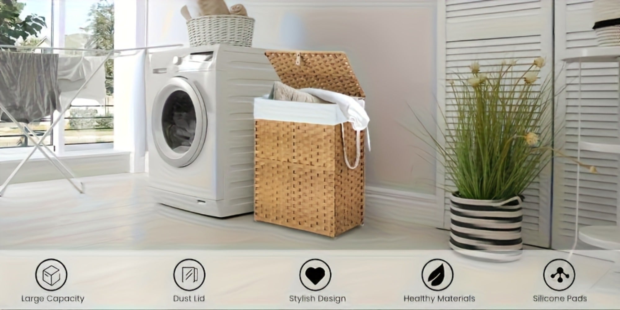 Laundry Basket with Lid - Large Foldable Rattan Hamper with Removable Washable Liner, Sturdy Steel Frame, for Bathroom Bedroom, Goose Yellow or Dove Gray