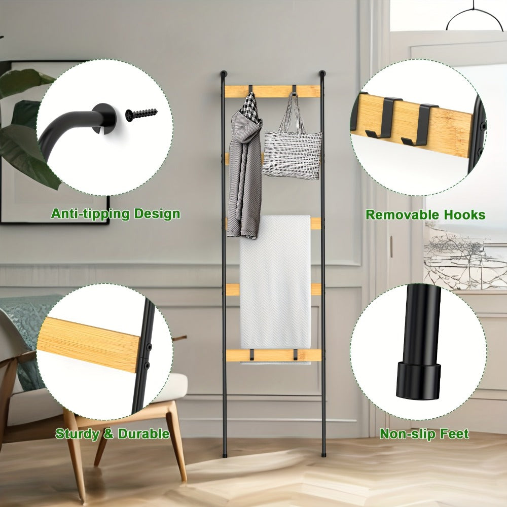 Blanket Ladder Rack 5 Tier with 10 Detachable Hooks - Freestanding Farmhouse Metal Towel Quilt Throw Storage Stand No Drilling Non-Slip Pads | Brown Black | Living Room Bathroom Bedroom Home Decor Organization