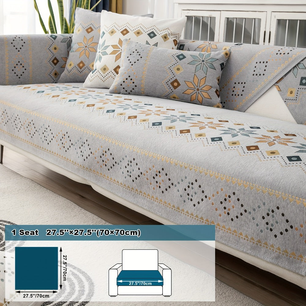 Bohemian Chenille Sofa Cover | Geometric Print Non-Slip Couch Slipcover, Thick Plush Boho Style, 1 to 4 Seat, Armrest & Backrest, Machine Washable, Sectional Sofa Protector