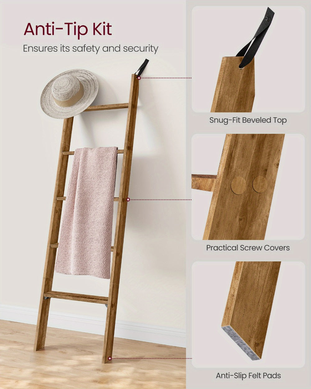 Blanket Ladder Shelf 5-Tier Freestanding Wood Ladder Rack for Blankets Towels Books Decor, Modern Farmhouse Ladder Shelf Wall Leaning Storage Organizer for Living Room Bedroom, 4 Colors