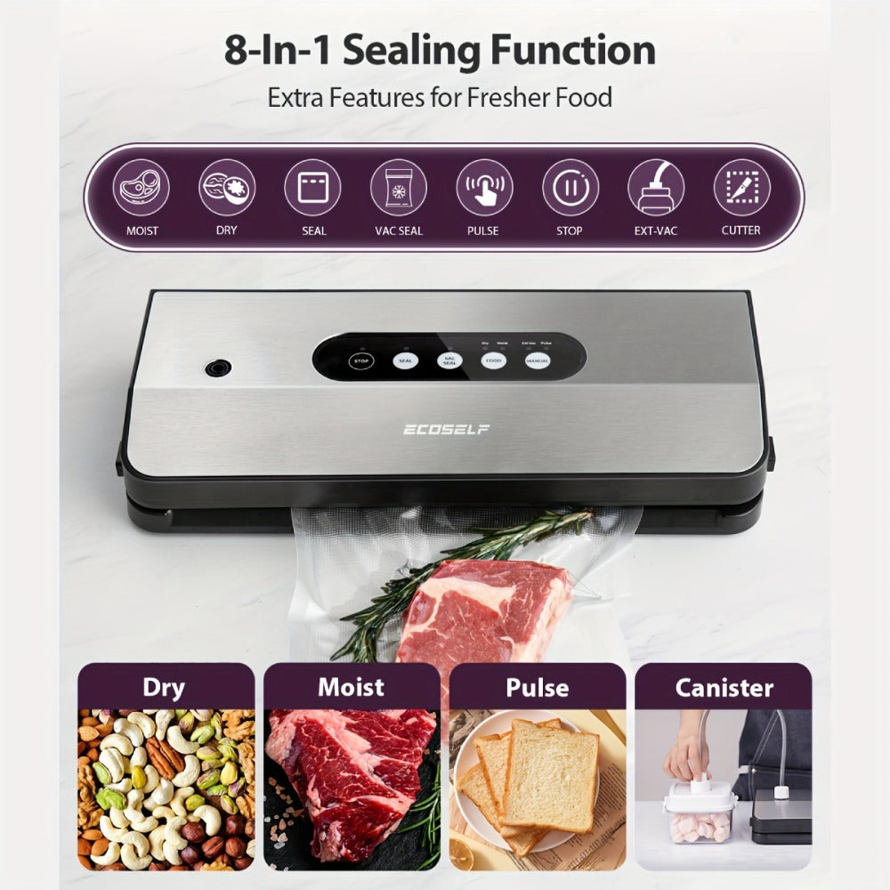 Vacuum Sealer Machine 8-in-1 ¨C 65Kpa Food Sealer with Cutter, Accessory Hose, 10 Bags Included, Stainless Steel, External Vacuum Port for Food Storage, Sous Vide & Meal Prep