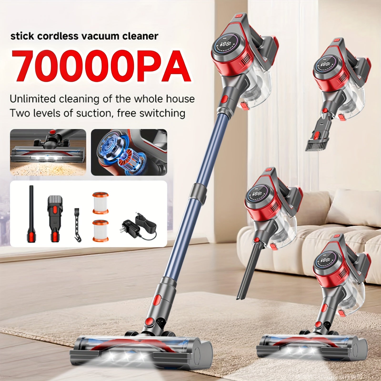 Cordless Stick Vacuum Cleaner 70KPa Brushless Motor 45-Min Runtime Lightweight for Pet Hair Carpet Hard Floor Dust with Cord & Cordless Modes