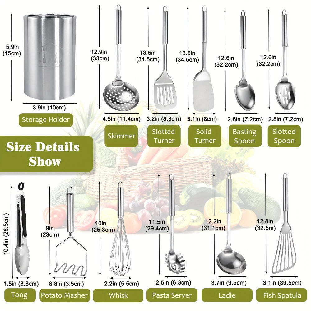 Stainless Steel Kitchen Utensils Set 12 Piece with Holder ¨C Heat Resistant Cooking Utensils, Spatula, Ladle, Tongs, Whisk, Skimmer, Potato Masher, Slotted Spoon