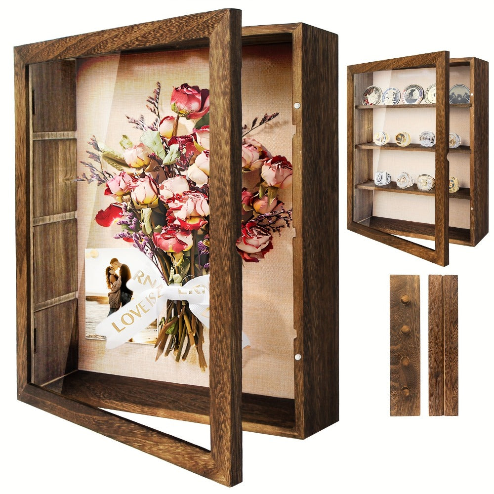 Shadow Box Frame 11x14 Large Memory Display Case with Linen Back - 4 Removable Shelves for Medals, Coins, Rings, Pins, Photos & Flowers | Deep Shadow Box for Collections, Country Farmhouse Style