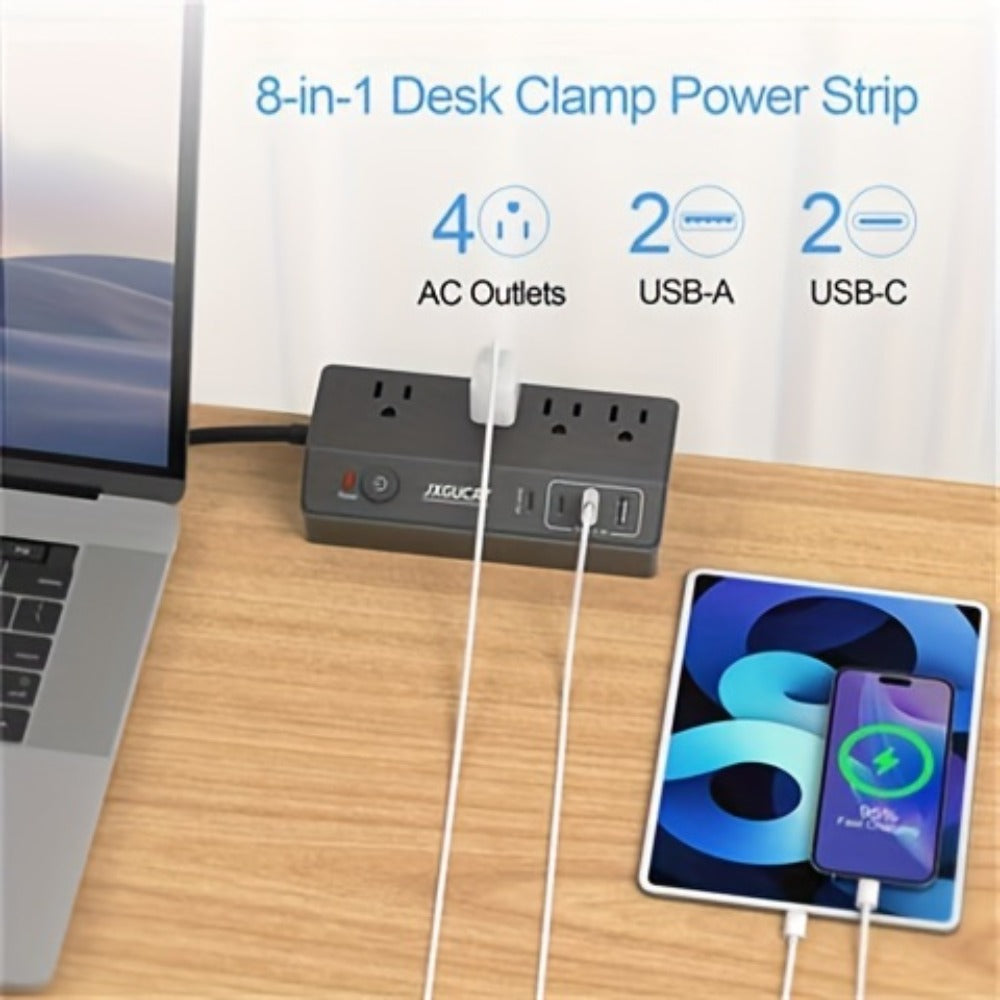 Desk Clamp Power Strip with USB-C PD 20W Fast Charging - 4 AC Outlets 4 USB Ports Surge Protector 1050J 8.8Ft Flat Plug Extension Cord Removable Clamp Fits 1.8 Inch Tabletop Edge Home Office Gaming