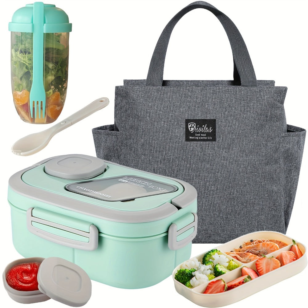 2-Layer Bento Lunch Box Set with Cup and Meal Bag - Multi-Grid Lunch Box for School, Office & Outdoor Picnics, Food Storage Container with Milk Cup, Salad Cup, Coffee Cup or Soup Bowl, Pink Blue Green White