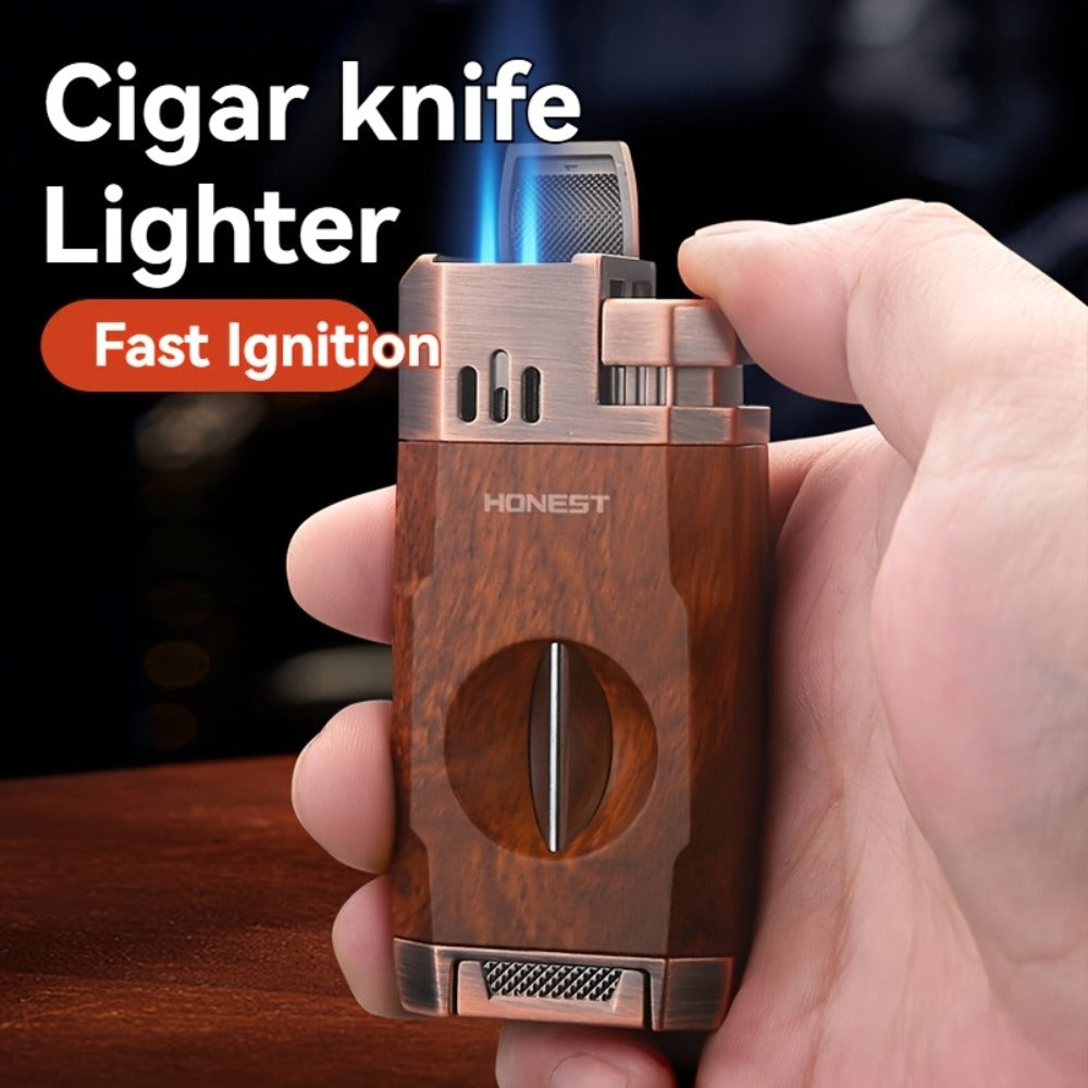 Cigar Torch Lighter with V-Shaped Cigar Cutter Built-in Clip Dual Windproof Jet Flame Visible Gas Window Integrated Cigar Lighter for Men Butane Gas Not Included