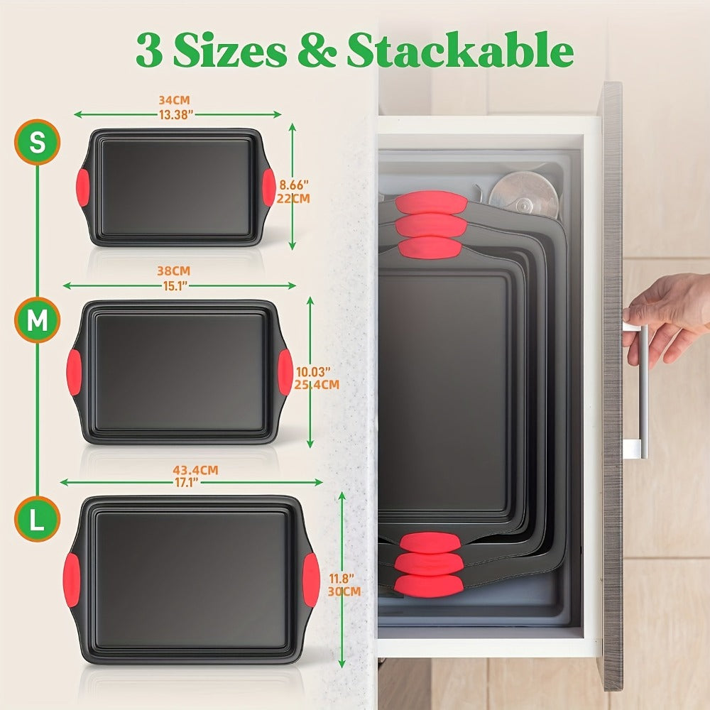 Carbon Steel Nonstick Baking Pan Set 3 or 9pcs Commercial Grade Restaurant Quality Nonstick Inside and Outside Oven Baking Pan with Red Silicone Handle Gray
