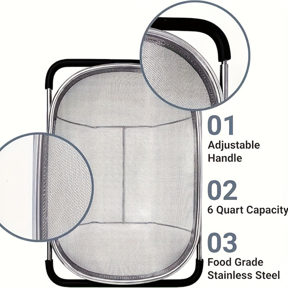 Stainless Steel Colander Expandable Fine Mesh Drain Basket Strainer for Vegetables Fruits Pasta Rice Kitchen Sink Washing Bowl Food Strainer