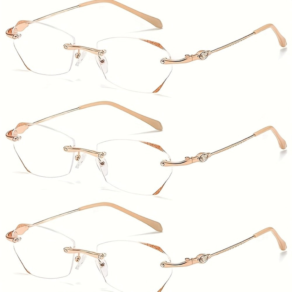 Rimless Reading Glasses for Women 3 Pack - Blue Light Blocking Lightweight Metal Frameless Readers with Anti Eyestrain Lenses, Multiple Colors and Magnifications 1.0X to 4.0X