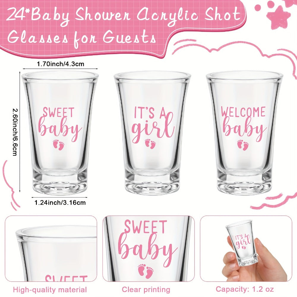 Baby Shower Party Favors 96pcs for 24 Guests - Shot Glasses Bottle Openers Thank You Tags Organza Bags Pink Gender Reveal Return Gifts Boy Girl Shower Prize Set