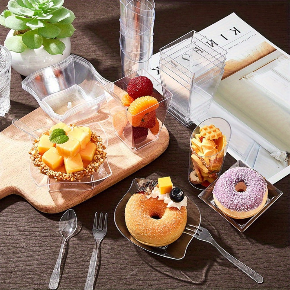 Disposable Tableware Set 400pcs Clear Dessert Plates Cups Forks Spoons Party Supplies for Festival Birthday Wedding Home Includes 100 Each Plates Cups Forks Spoons