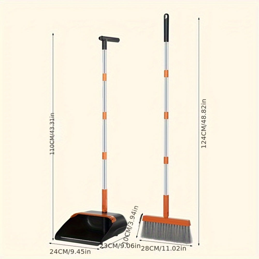 Folding Broom and Dustpan Set 50 Inch Extended Handle - Dense Elastic Bristles Wide Deep Dustpan for Dust Hair Debris, Foldable Broom for Home Kitchen Bathroom Bedroom Living Room, Blue White Black Orange Khaki