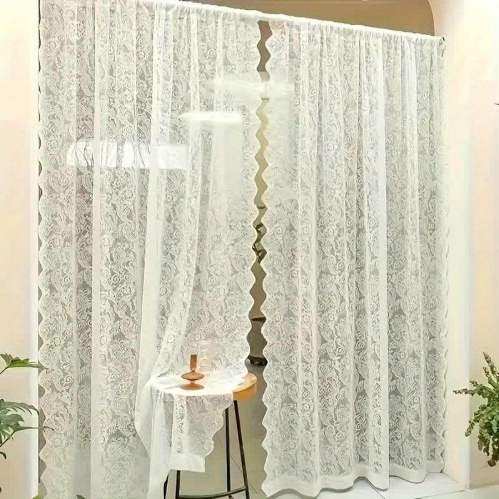 Sheer Curtain Rod Pocket Floral Lace Semi-Sheer Window Panel for Living Room Bedroom Kitchen Bathroom, 100% Polyester, Machine Washable, White Light Green Coffee